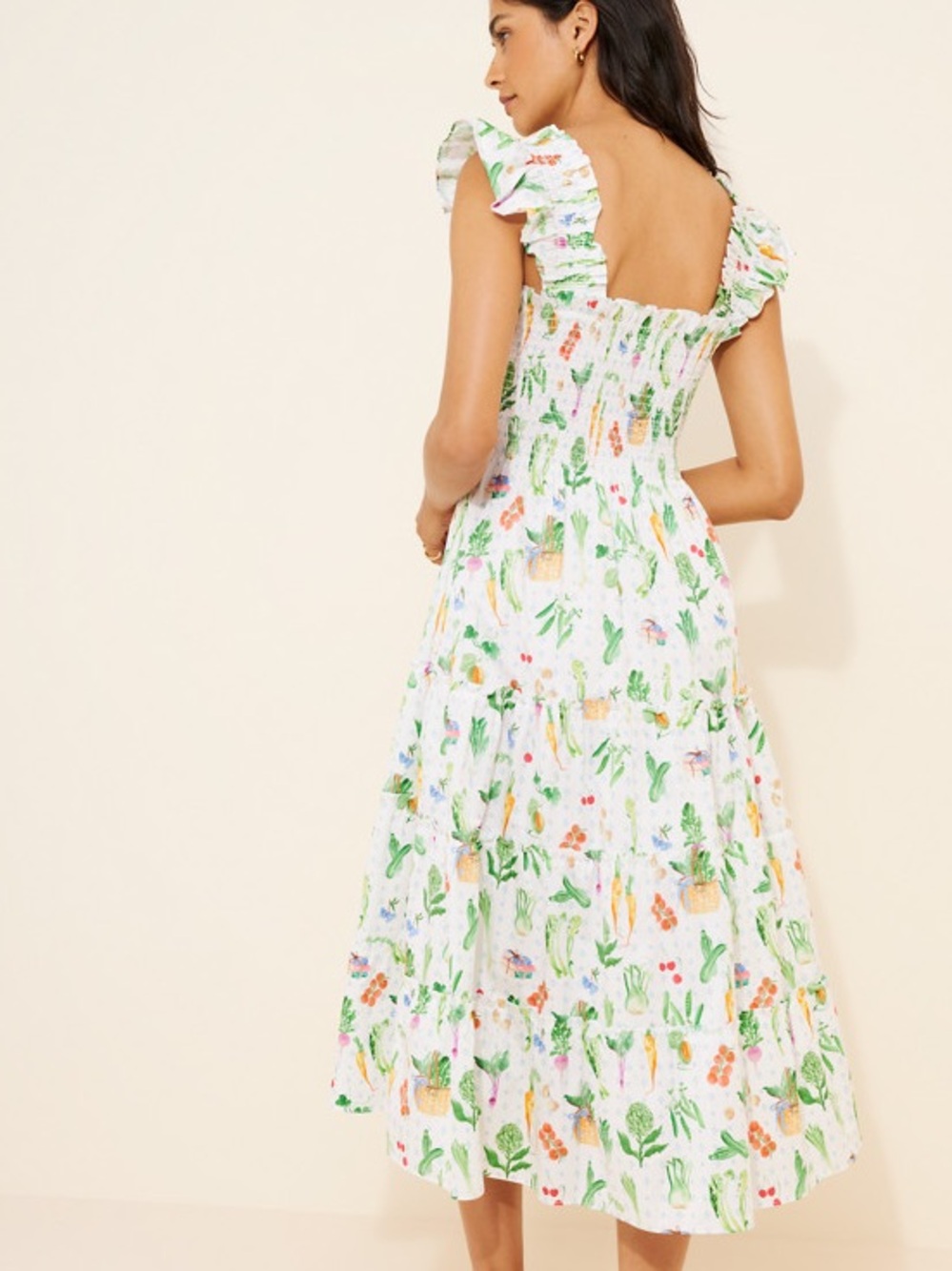 Hill House White Colorful Floral Vegetable Garden Smocked Ruffle Midi Sundress M - Picture 2 of 12